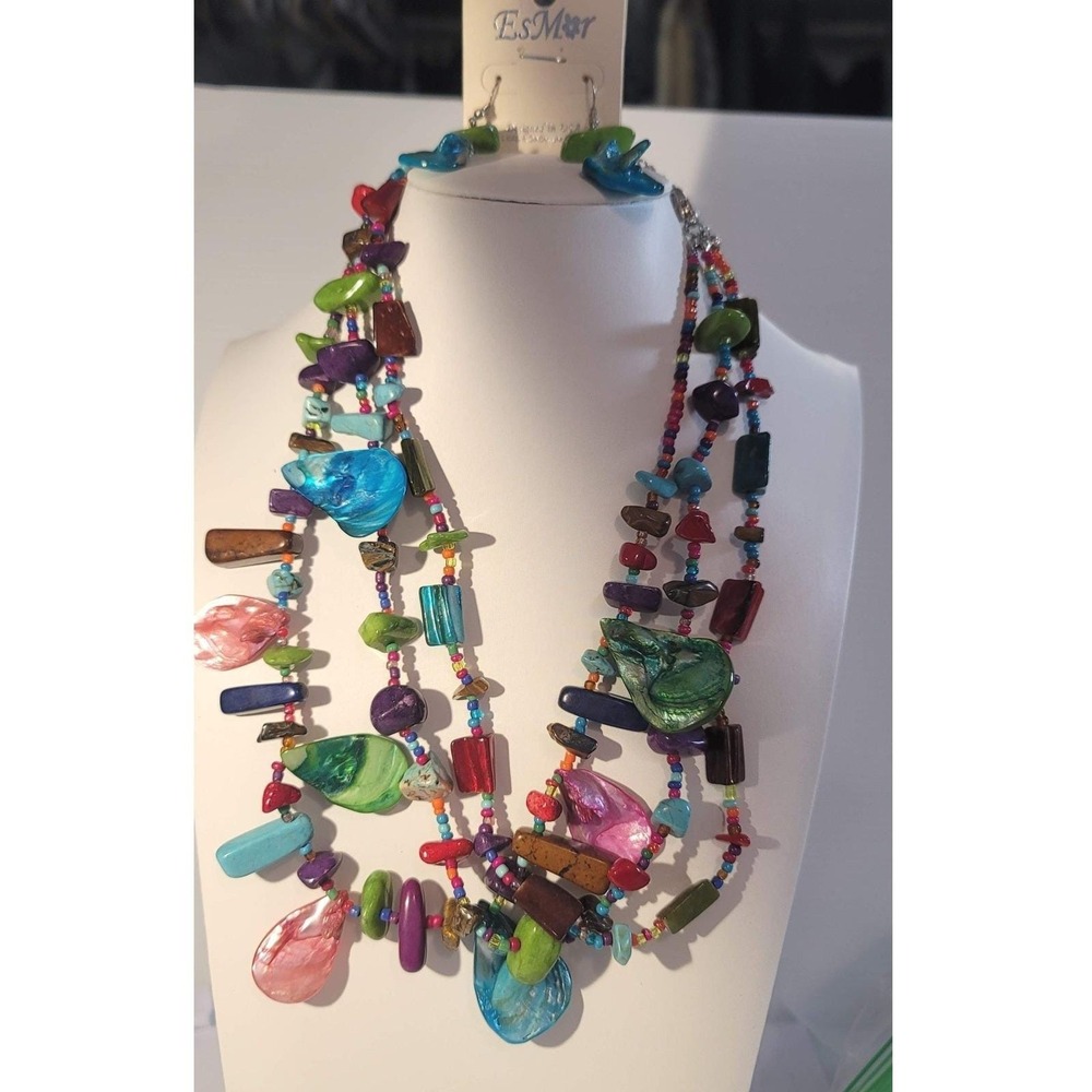 EsMor Layered Beaded Statement Necklace Earrings Set Multi Color Shell‎ Boho